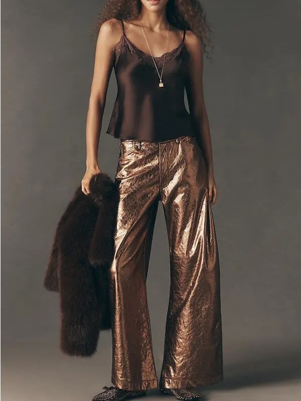 Women’s Pilcro Gilded Faux Leather Carpenter Pants Bronze Metallic Size 30
